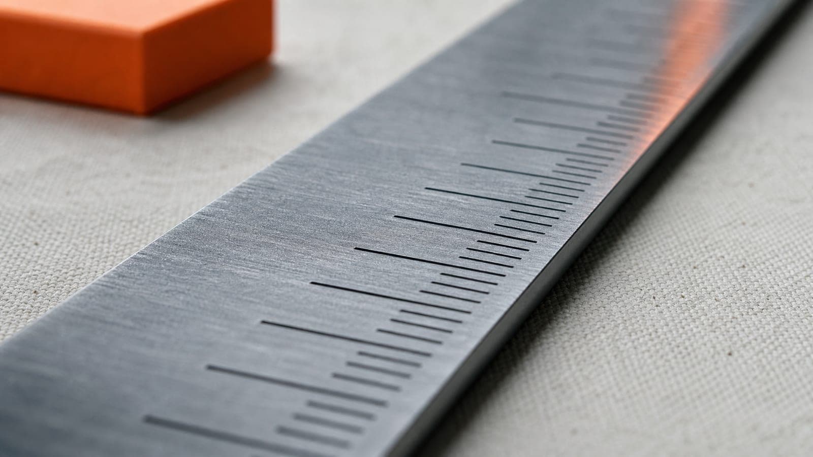 Macro of the engraved graduations of a long steel rule running diagonally out of focus.