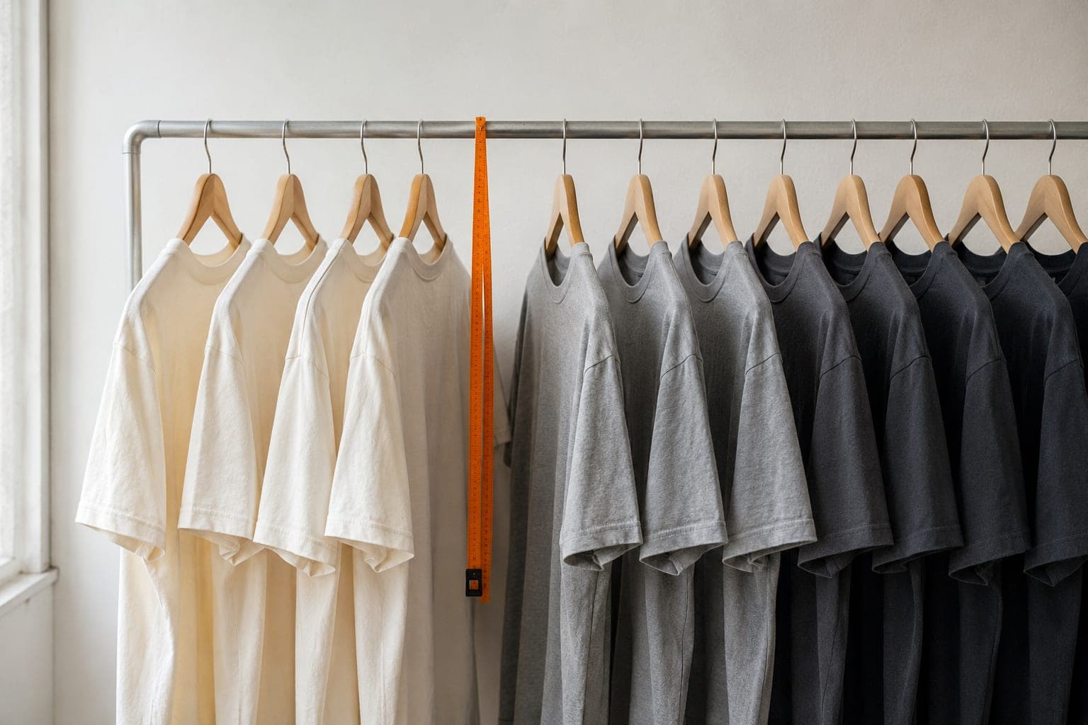 A row of plain unprinted cotton t-shirts on wooden hangers on a steel rail.