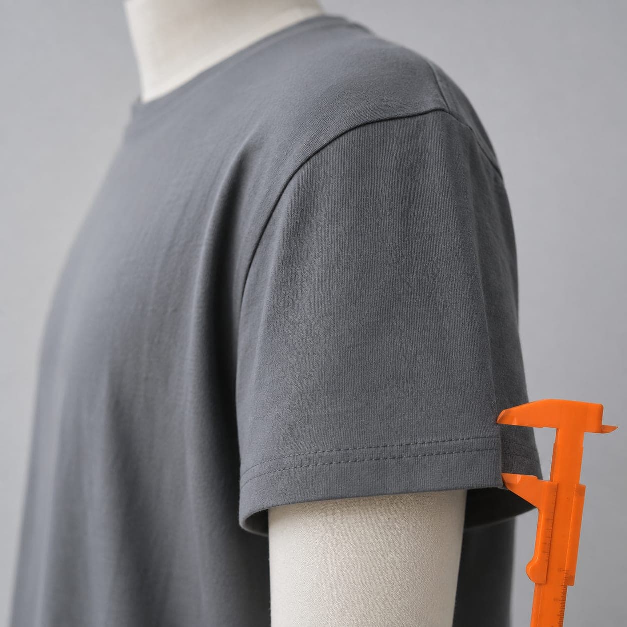 Close view of a plain slate grey t-shirt sleeve, panel blank and unprinted.