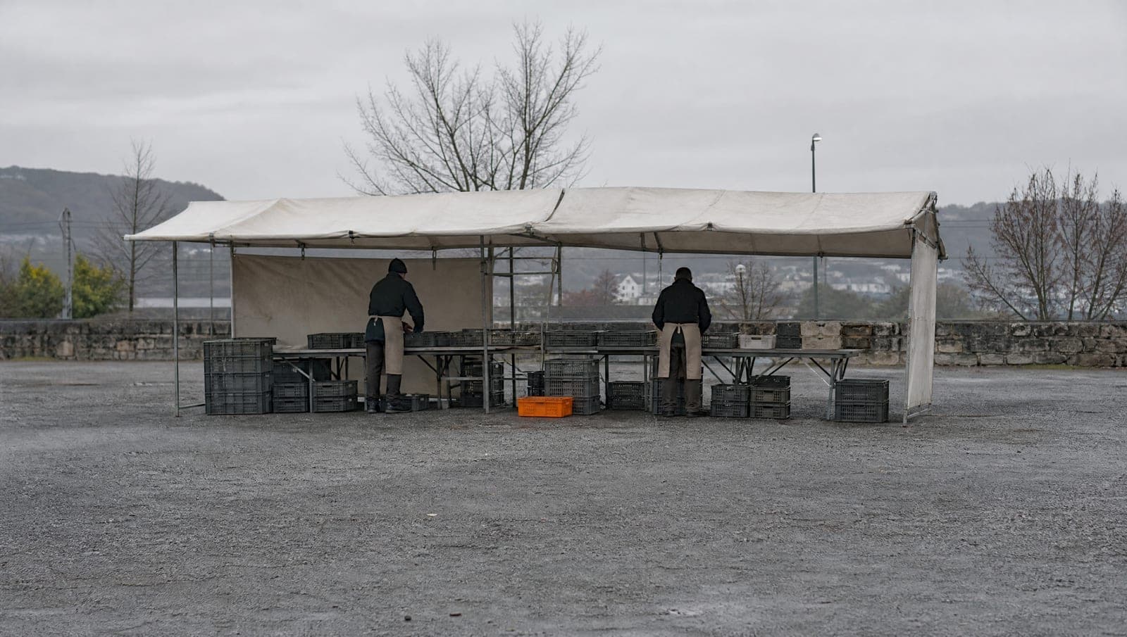 An early morning market setup seen from a distance with two figures from behind at a stall.