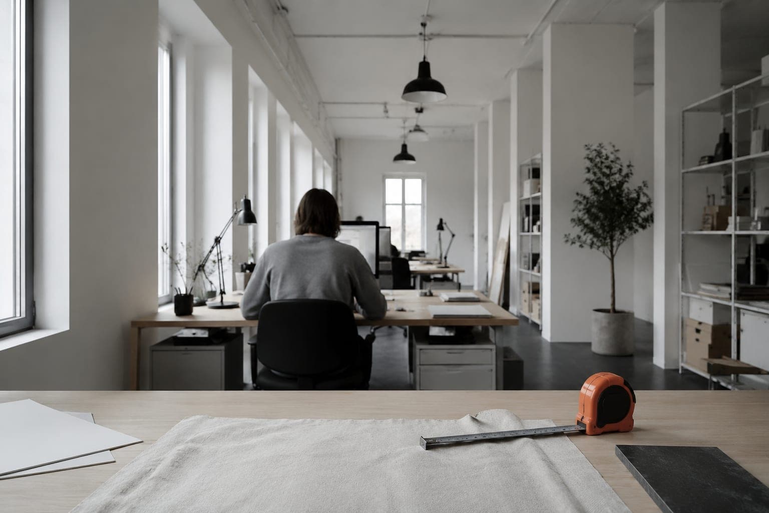A quiet open-plan workspace seen down its length with one person at the far end from behind in a plain sweatshirt.