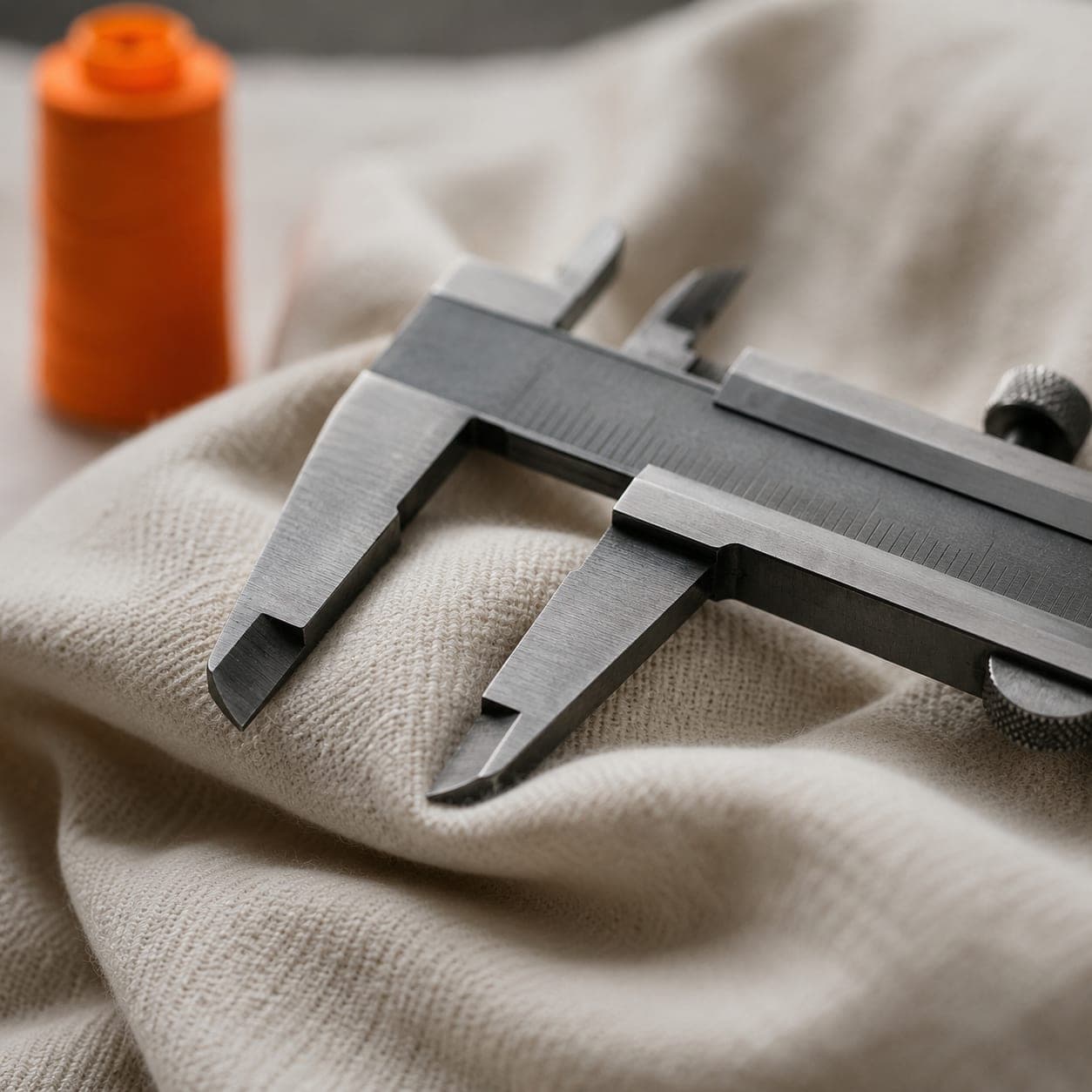 Steel vernier calipers resting open on a fold of plain cotton jersey.