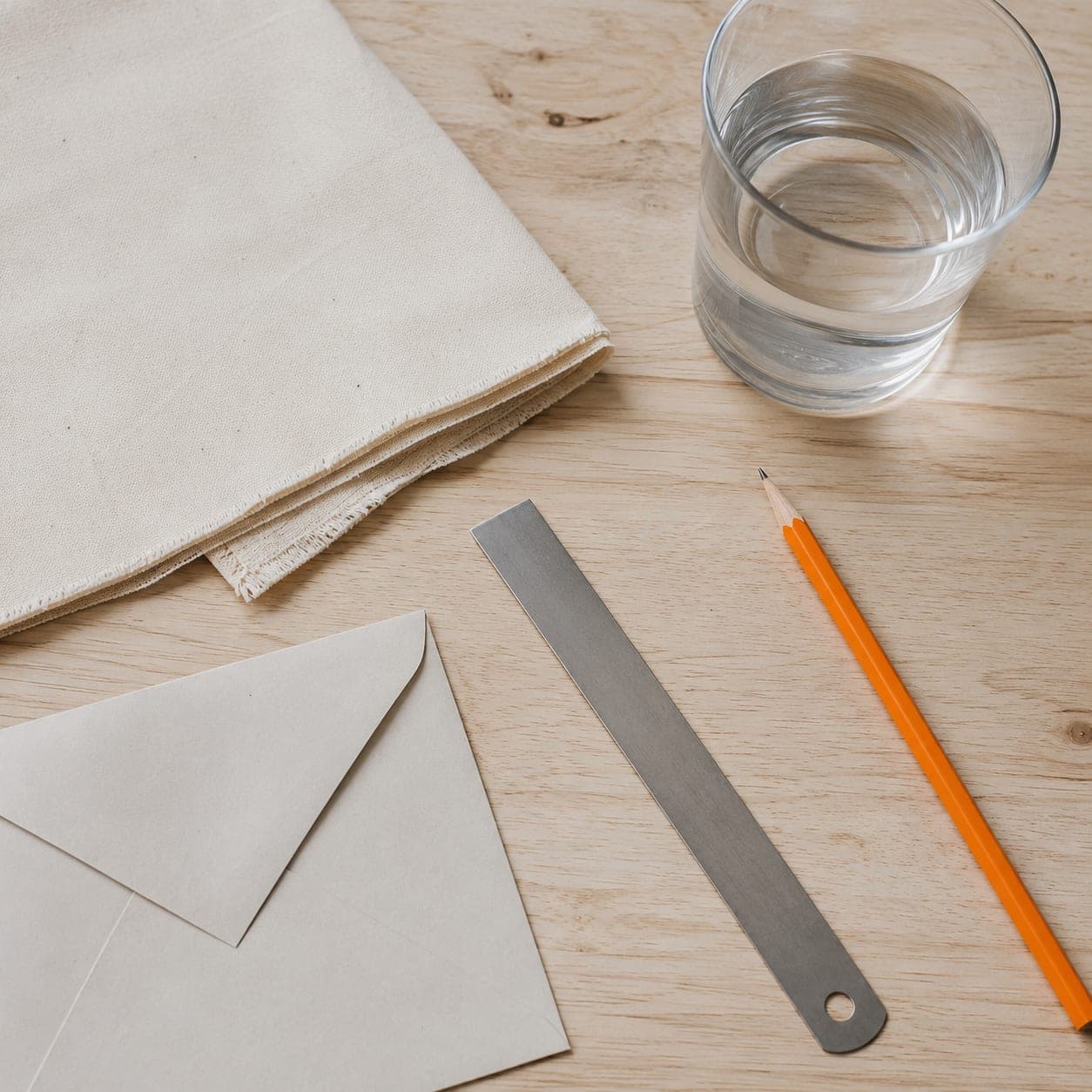 A calm working surface with a folded cotton swatch, a steel rule, a plain envelope and a glass of water.