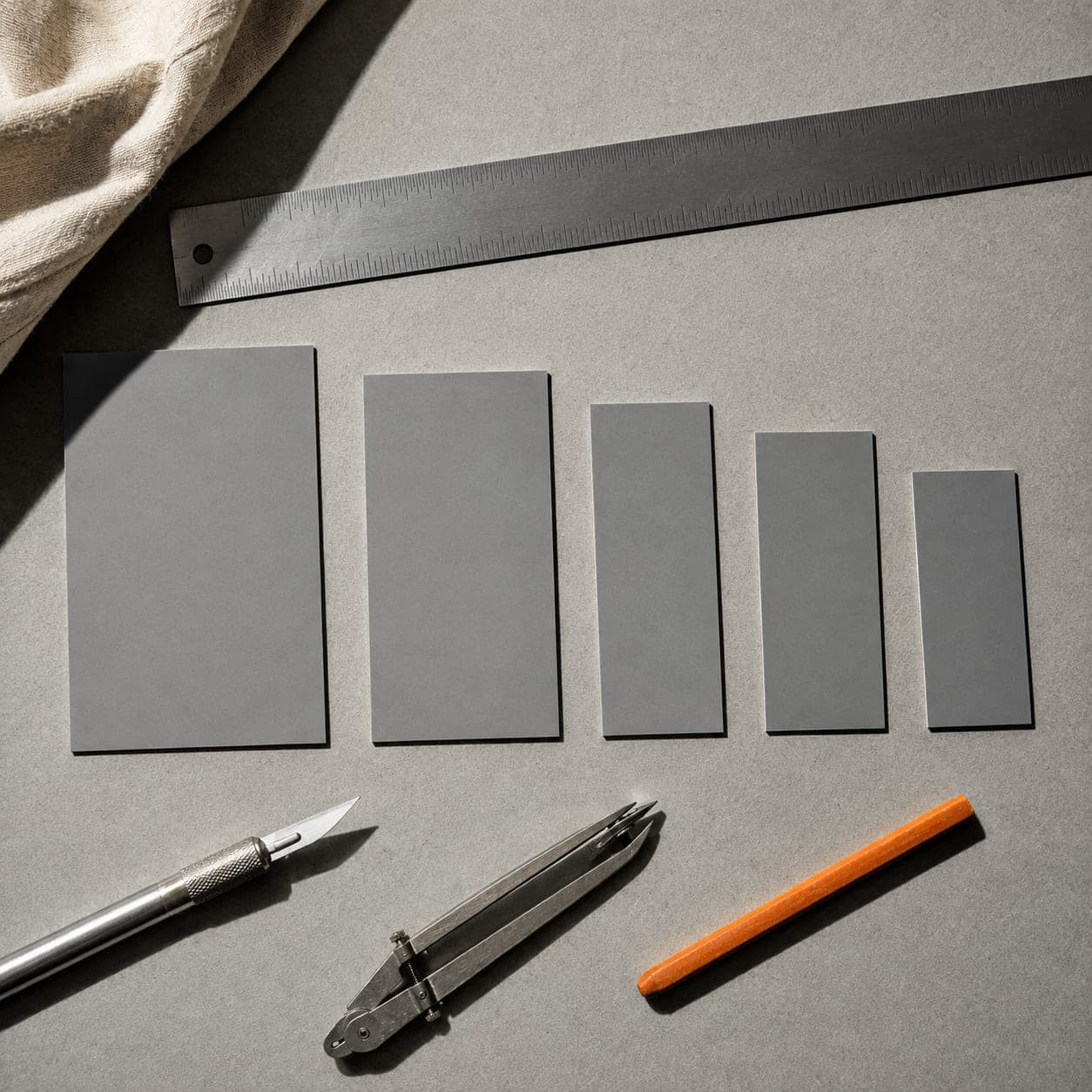 Overhead still life of a steel rule, blank vinyl rectangles in graded sizes, dividers and a scalpel.