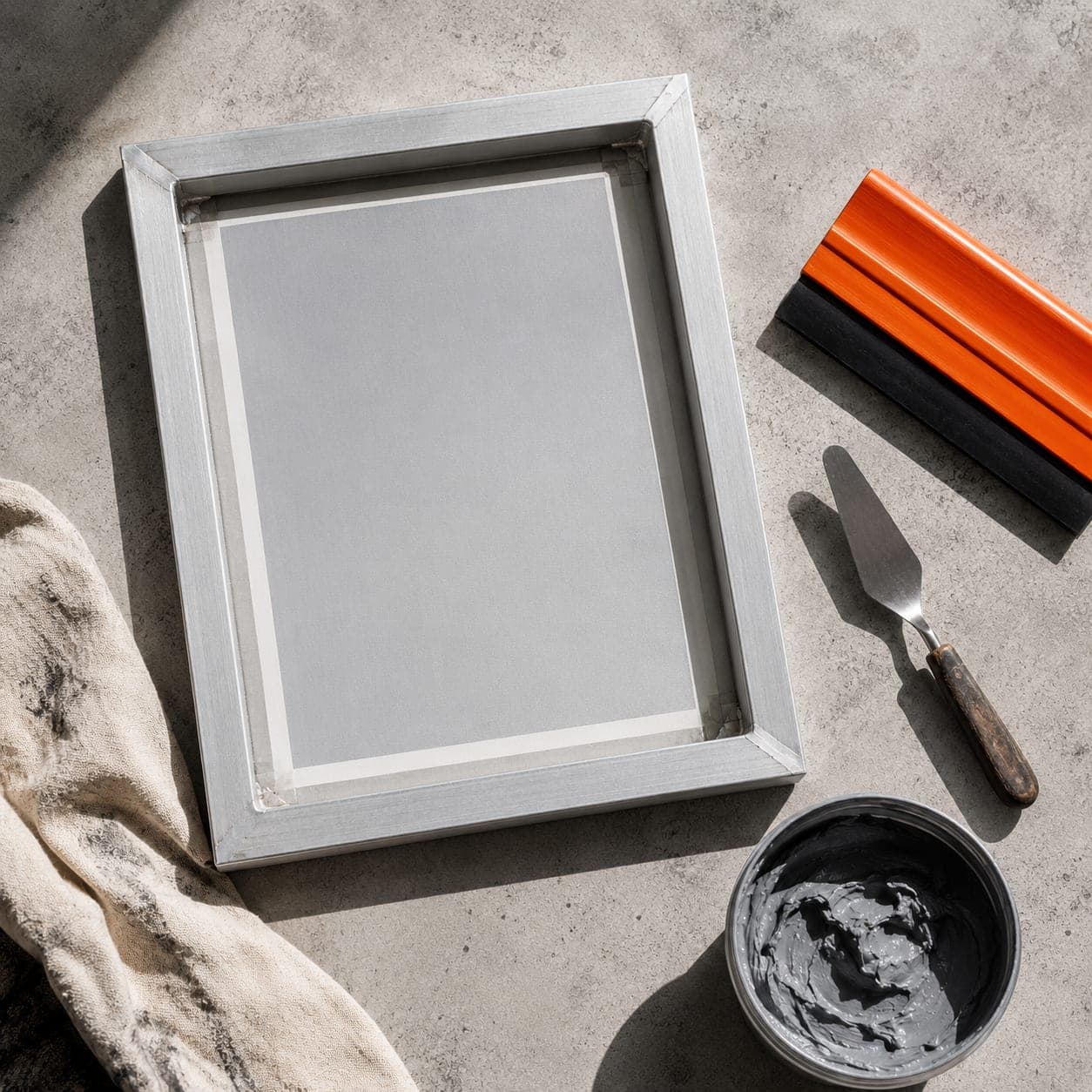 A clean screen printing frame with blank mesh beside a squeegee and a tub of matte grey ink.