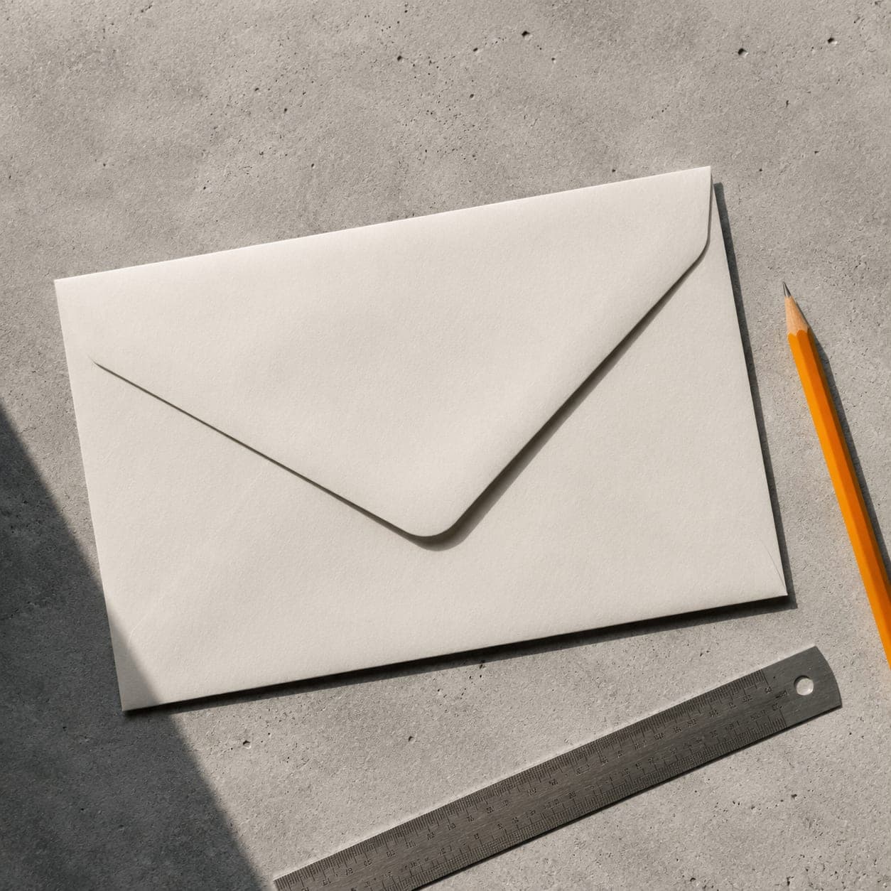 A plain unmarked envelope on pale concrete beside a pencil and a small steel rule.